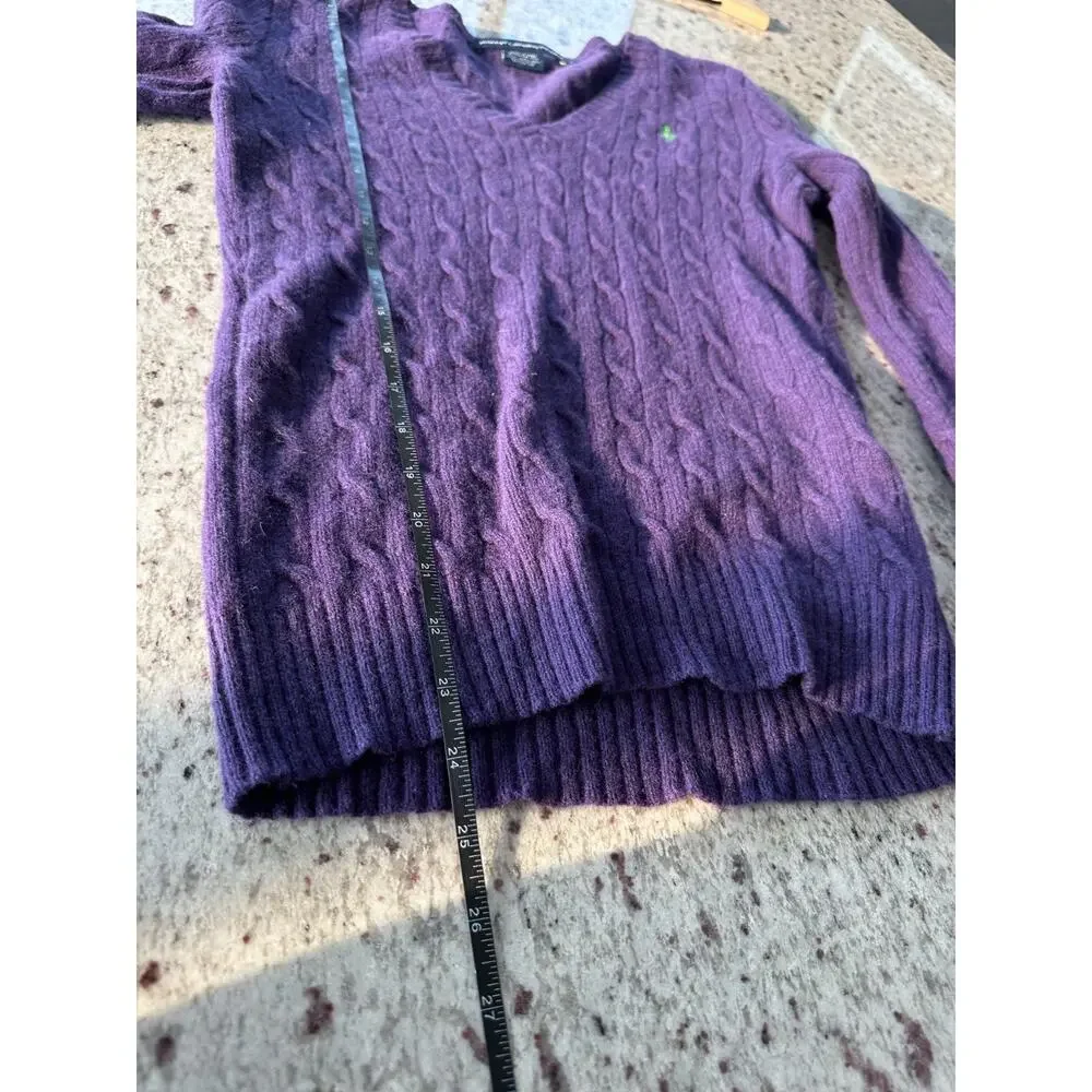 Vintage Ralph Lauren Sport Purple V-Neck Cable Knit Lambwool Academia Sweater M